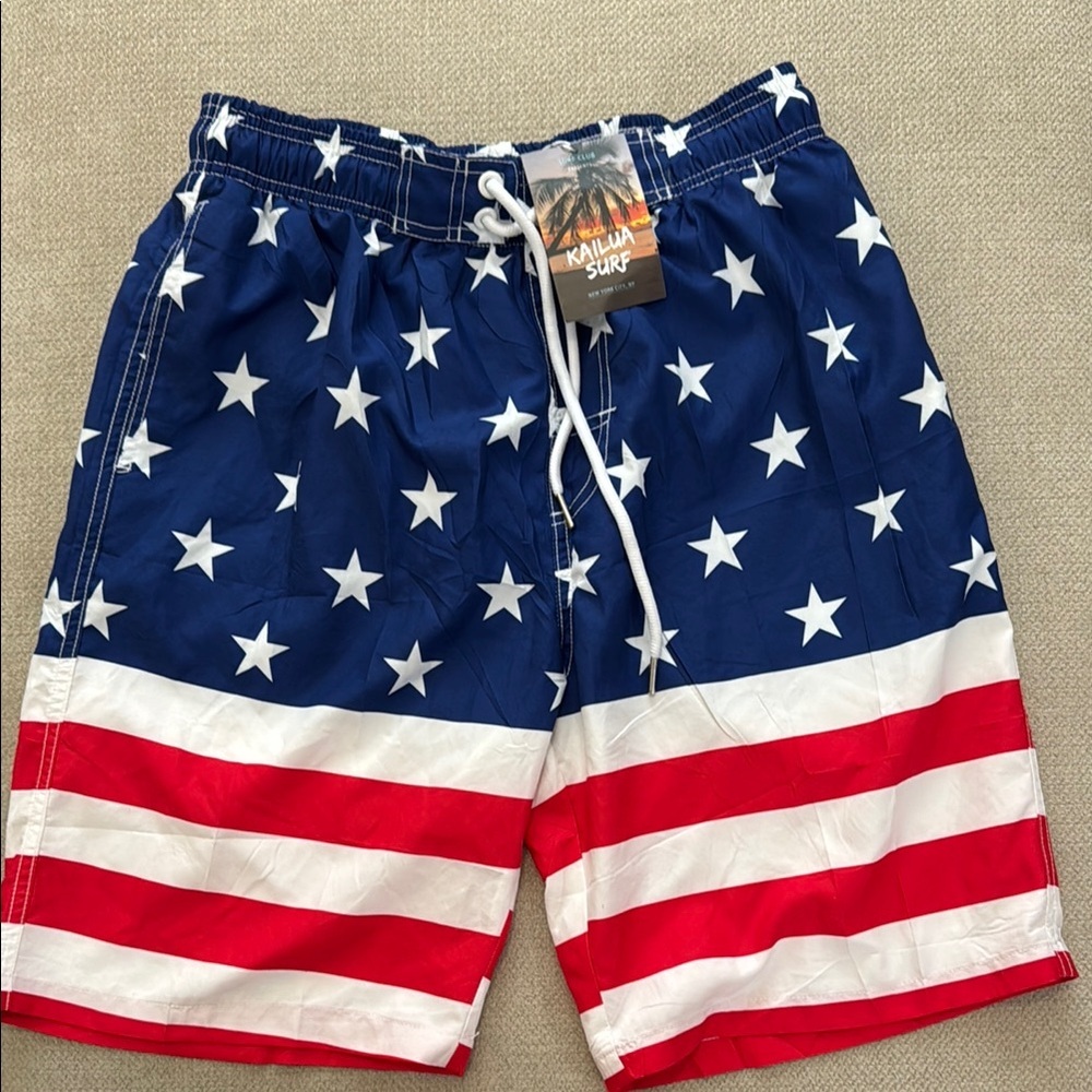 Blue and Red Board Shorts with Patriotic Design